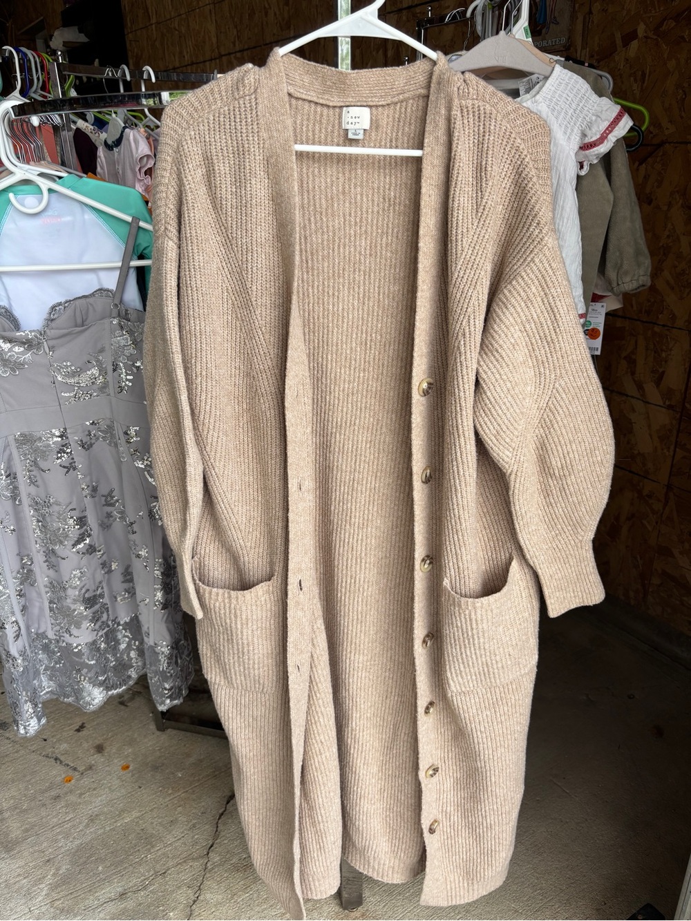 Size: Large, Long Button Doen Ribbed Knit Cardigan - Cream
